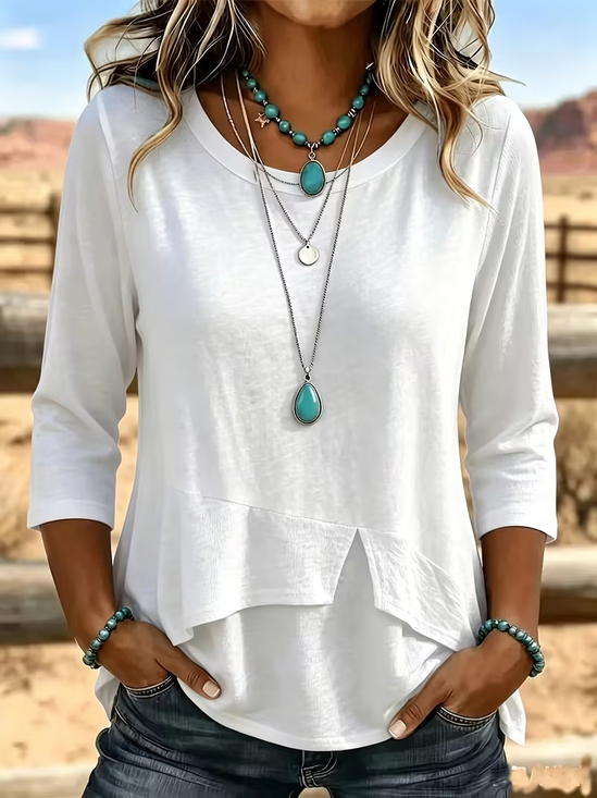 Women's Three Quarter Sleeve T-shirt Spring/Fall White Plain Irregular Craftsmanship Crew Neck Daily Going Out Casual Top