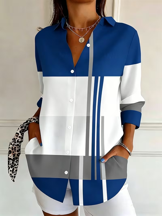 Women's Long Sleeve Shirt Spring/Fall Blue Abstract Buckle Shirt Collar Regular Sleeve Daily Going Out Casual Top
