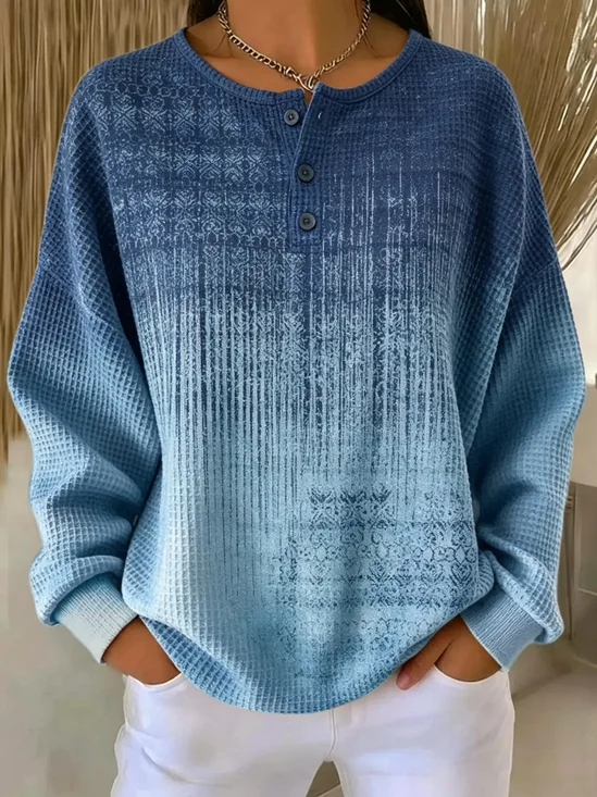 Women's Abstract Print Button-Up Casual Waffle Knit Sweatshirt