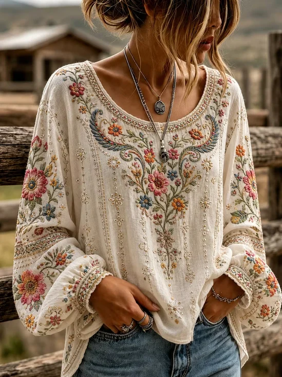 Women's Long Sleeve Blouse Spring/Fall Off White Floral Printing Crew Neck Daily Going Out Vintage Top