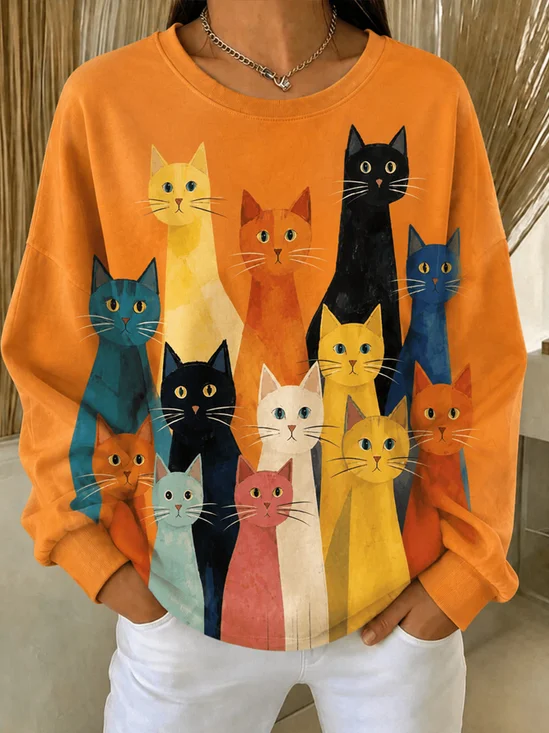 Cartoon Cat Print Oversized Crew Sweatshirt