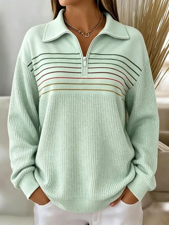 Chic Horizontal‑Stripe Accent Commuter Collared Zip Top
