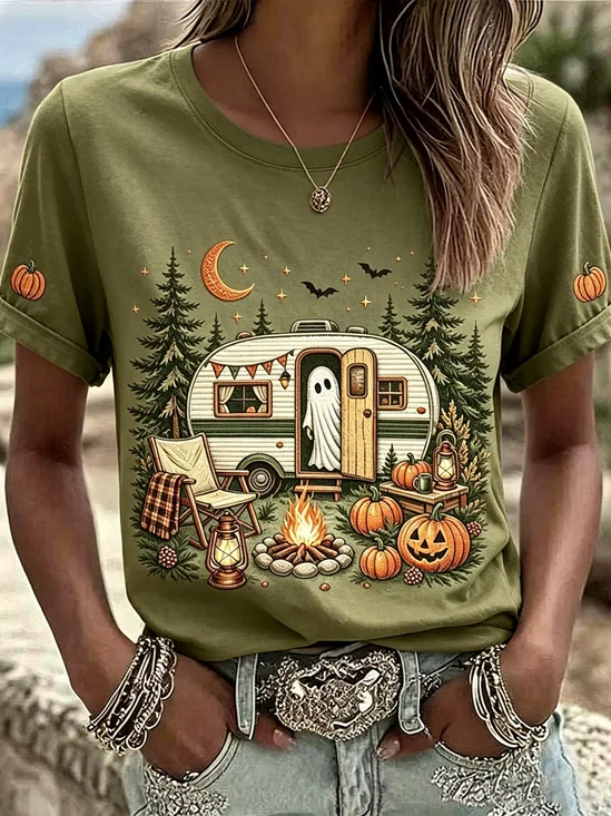 Women's Short Sleeve T-shirt Summer Green Halloween (pumpkin) Printing Jersey Crew Neck Daily Going Out Casual Top