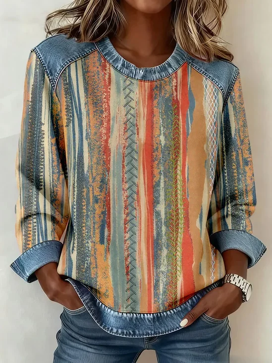 Women's Abstract Print Patchwork Denim Crewneck Long-Sleeved Sweatshirt