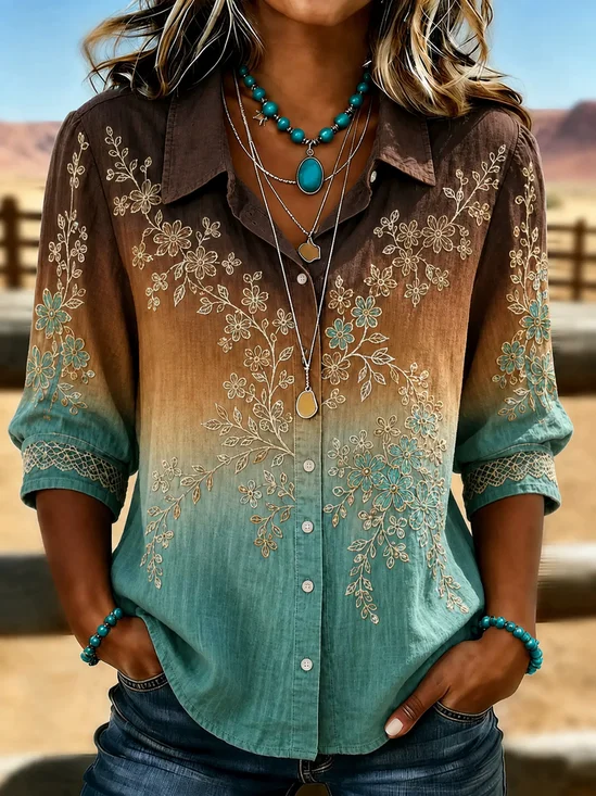 Western Style Shirt Collar Loose Color Block Shirt