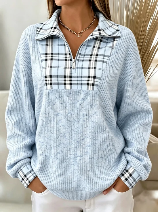 Timeless Plaid Splicing Collared Zip‑Up Sweatshirt