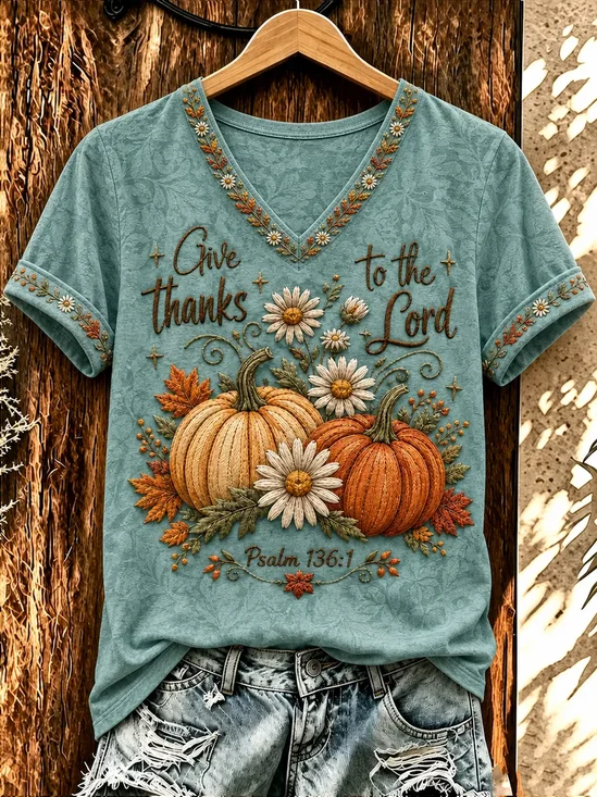 Women's Short Sleeve T-shirt Summer Blue Halloween (pumpkin) Printing V Neck Holiday Going Out Vintage Top