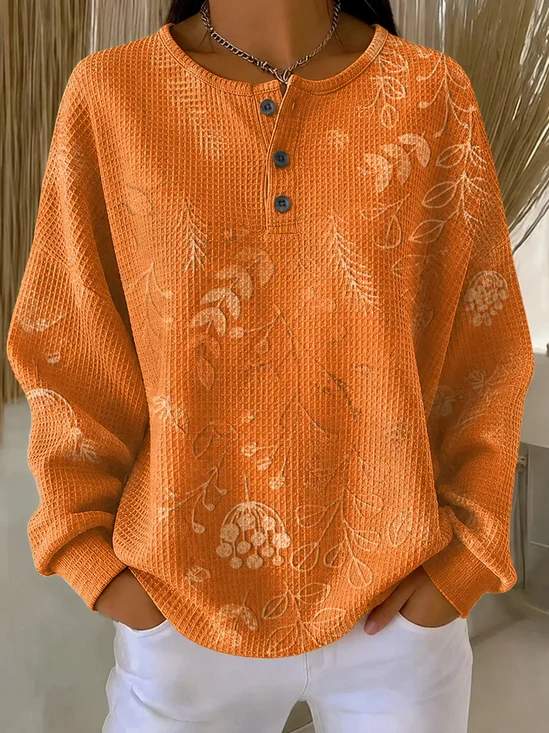 Women's Floral Print Button-Up Casual Waffle Knit Sweatshirt