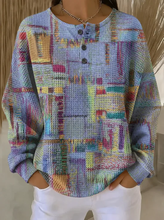 Women's Abstract Print Button-Up Casual Waffle Knit Sweatshirt