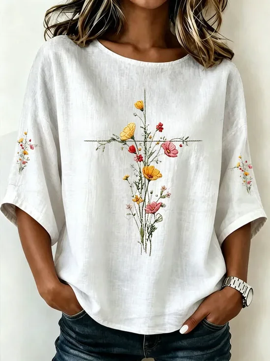 Women's Half Sleeve Blouse Summer White Floral Printing Crew Neck Daily Going Out Vintage Top