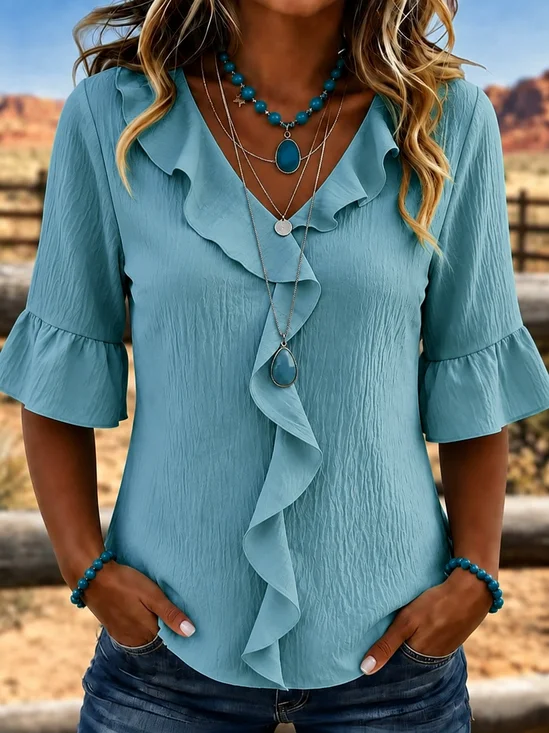 Women's Half Sleeve Blouse Summer Cyan Plain Peplum V Neck Daily Going Out Vintage Top