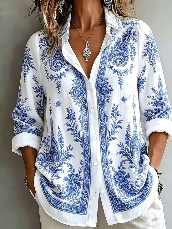Women's Long Sleeve Shirt Spring/Fall Blue Floral Buckle Shirt Collar Regular Sleeve Daily Going Out Casual Top