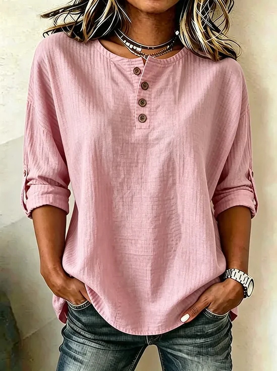 Women's Long Sleeve Blouse Spring/Fall Pink Plain Buttoned Henley Collar Daily Going Out Casual Top