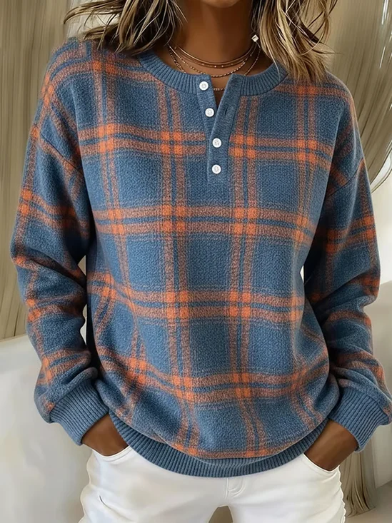 Women's Plaid Print Button-Up Casual Waffle Knit Sweatshirt