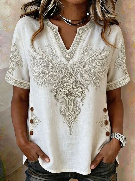 Women's Short Sleeve T-shirt Summer White Abstract Printing V Neck Daily Going Out Casual Top