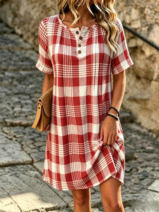 Plaid Henley Neck Loose Short Sleeve Shift Dress with Side Pockets