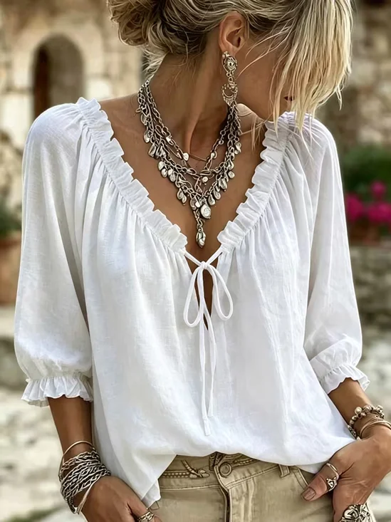 Women's Half Sleeve Blouse Summer White Plain Drawstring V Neck Daily Going Out Casual Top