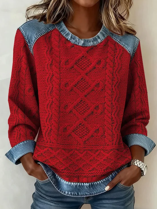 Women's Abstract Print Patchwork Denim Crewneck Long-Sleeved Sweatshirt