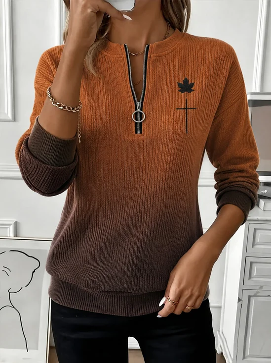 Unique Maple Leaf Graphic Zip‑Up Top