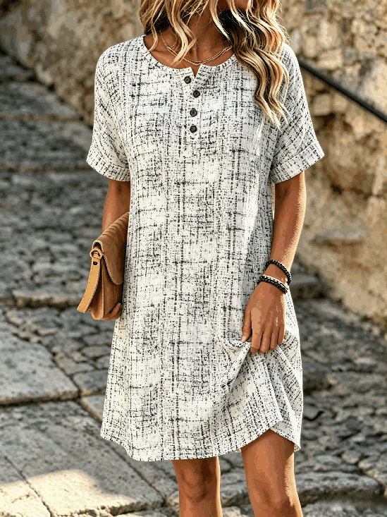 Women Henley Neck Abstract Grid Print Loose Shift Dress with Side Pockets