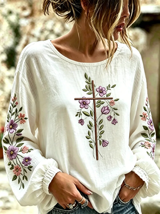 Women's Long Sleeve Blouse Spring/Fall White Floral Printing Crew Neck Daily Going Out Vintage Top