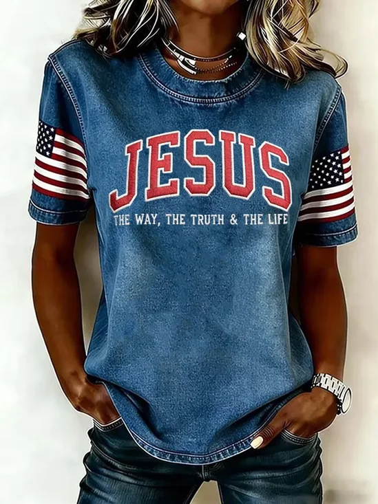 Women's Short Sleeve T-shirt Summer Blue Faux Denim Print Graphic Printing Jersey Crew Neck Daily Going Out Casual Top