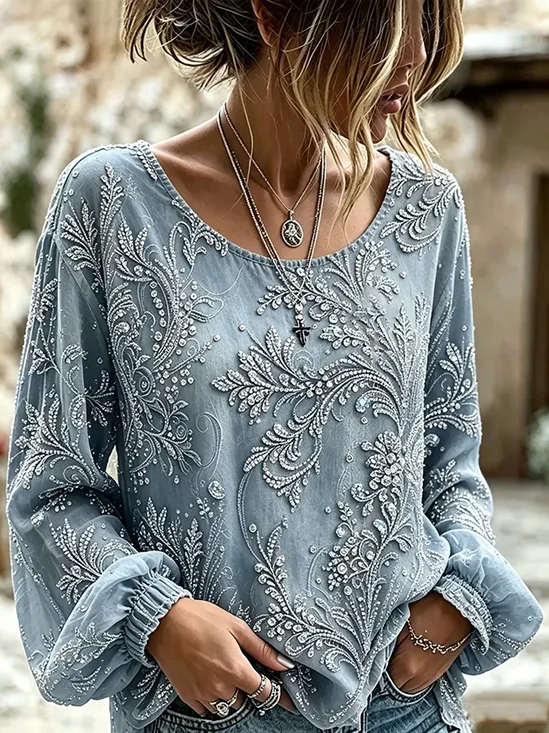 Women's Long Sleeve Blouse Spring/Fall Blue Floral Printing Crew Neck Daily Going Out Vintage Top