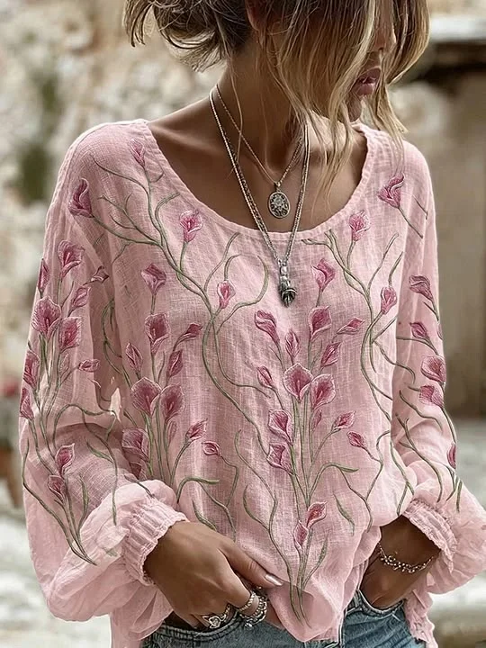 Women's Long Sleeve Blouse Spring/Fall Pink Floral Printing Crew Neck Daily Going Out Vintage Top