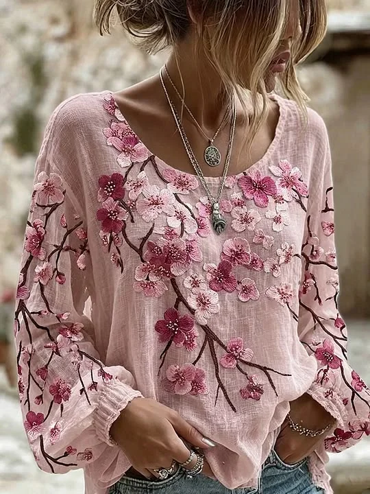 Women's Long Sleeve Blouse Spring/Fall Pink Floral Printing Crew Neck Daily Going Out Vintage Top