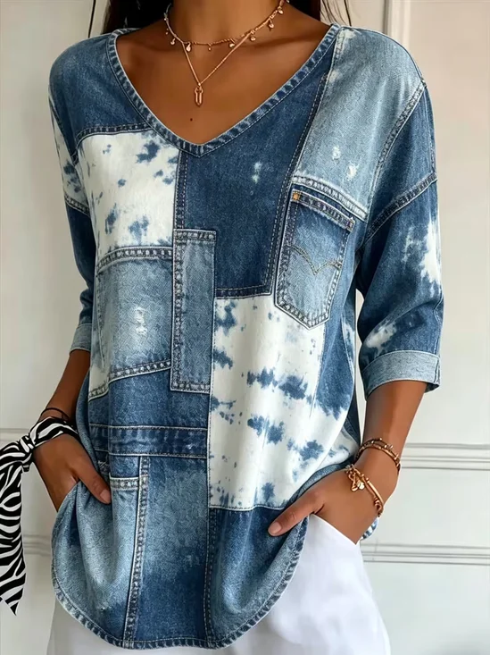Women's Three Quarter Sleeve T-shirt Spring/Fall Blue Faux Denim Print Graphic Printing V Neck Daily Going Out Casual Top