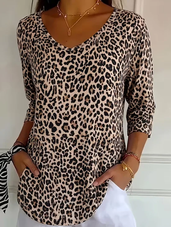Women's Three Quarter Sleeve T-shirt Spring/Fall Brown Leopard Printing V Neck Daily Going Out Casual Top