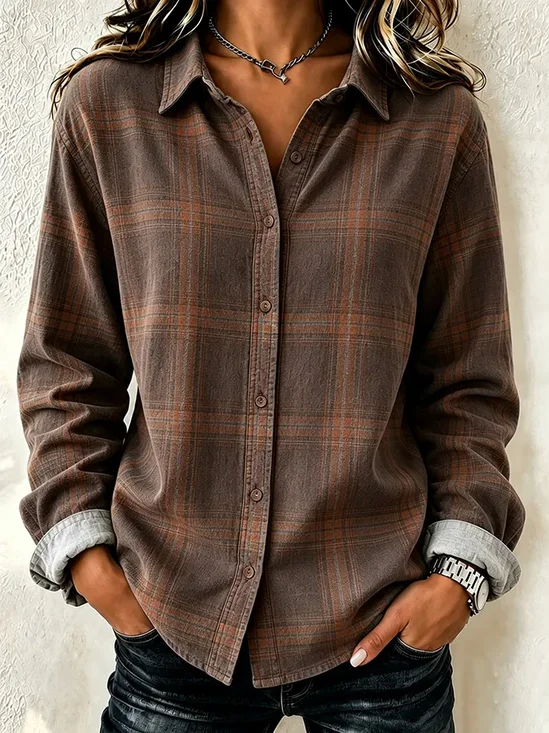 Women's Long Sleeve Shirt Spring/Fall Brown Plaid Buckle Shirt Collar Regular Sleeve Daily Going Out Casual Top