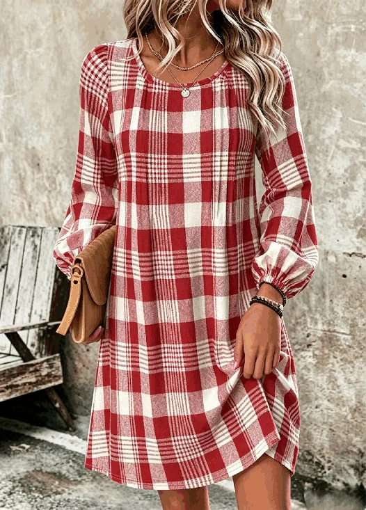Round Neck Plaid Puff Sleeve Swing Dress