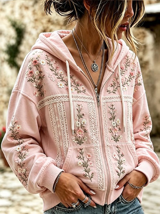 Floral Zip Up Hooded Jacket