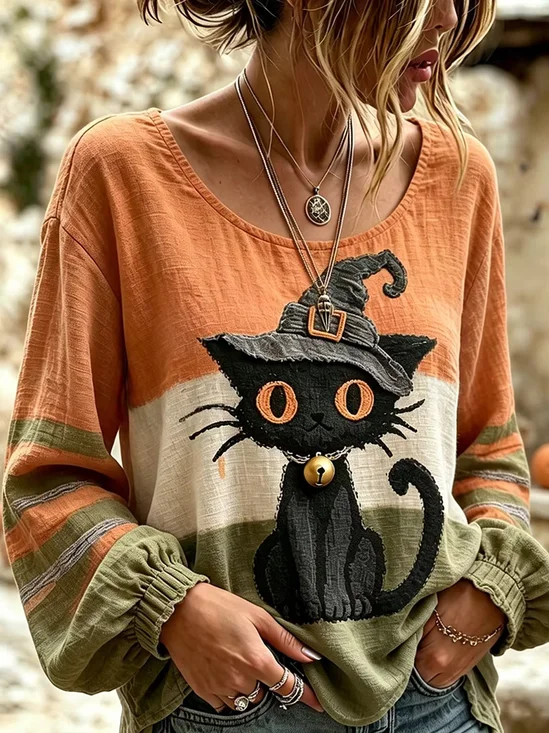 Fun Wizard Cat Graphic Casual Blouse