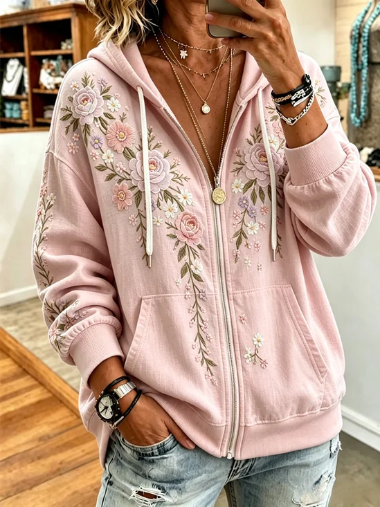 Women's Casual Floral Zip-Up Hoodie