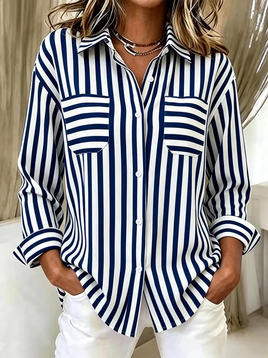 Navy White Striped Long Sleeve Lightweight Casual Shirt