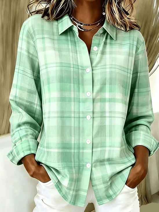 Women's Long Sleeve Shirt Spring/Fall Green Plaid Buckle Shirt Collar Regular Sleeve Daily Going Out Casual Top