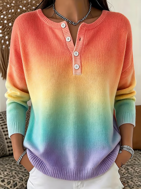 Ombre Henley Collar Casual Printing Sweatshirt