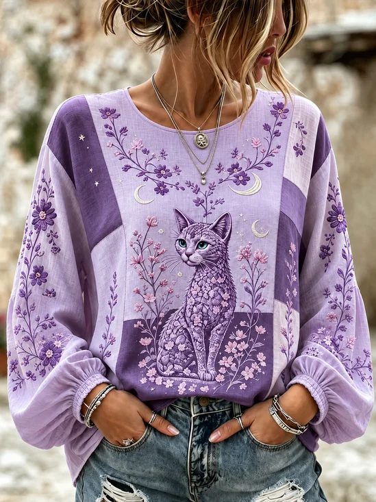 Casual Loose Crew Neck Cat Blouse