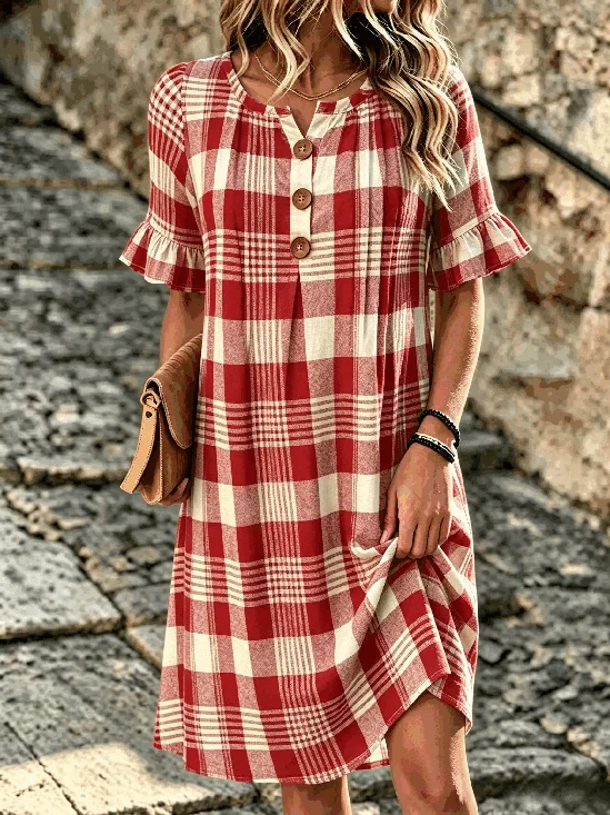 Red White Plaid Ruffle Short Sleeve Lightweight Midi Dress