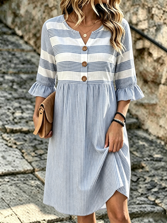 Blue White Striped Ruffle 3/4 Sleeve Casual Midi Dress