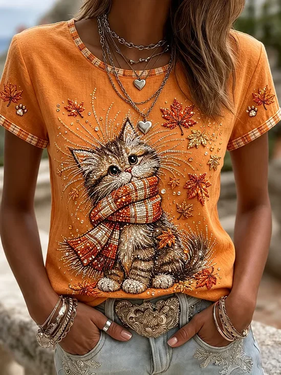 Women's Short Sleeve T-shirt Summer Orange Maple Leaf Printing Jersey Crew Neck Daily Going Out Casual Top