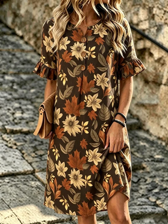 Brown Fall Floral Ruffle Short Sleeve Lightweight Midi Dress