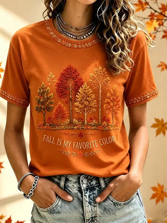 Women's Short Sleeve T-shirt Summer Orange Maple Leaf Printing Jersey Crew Neck Daily Going Out Casual Top