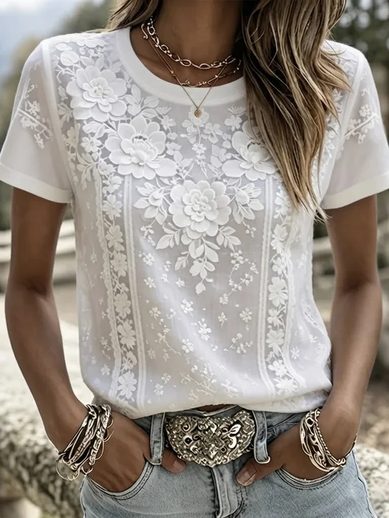 Women's Short Sleeve T-shirt Summer White Floral Printing Crew Neck Daily Going Out Casual Top