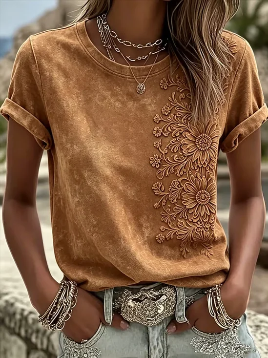 Women's Short Sleeve T-shirt Summer Brown Floral Printing Crew Neck Daily Going Out Casual Top