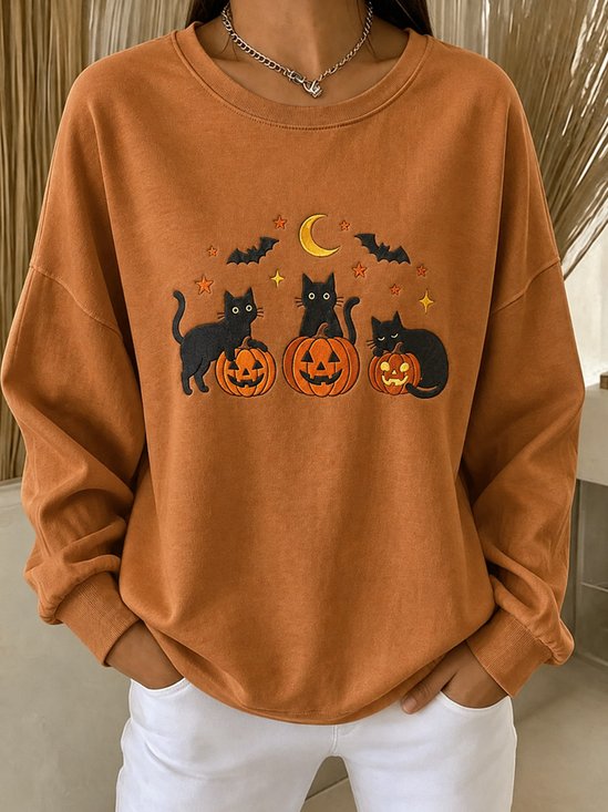 Fun Black‑Cat Pumpkin Print Casual Top
