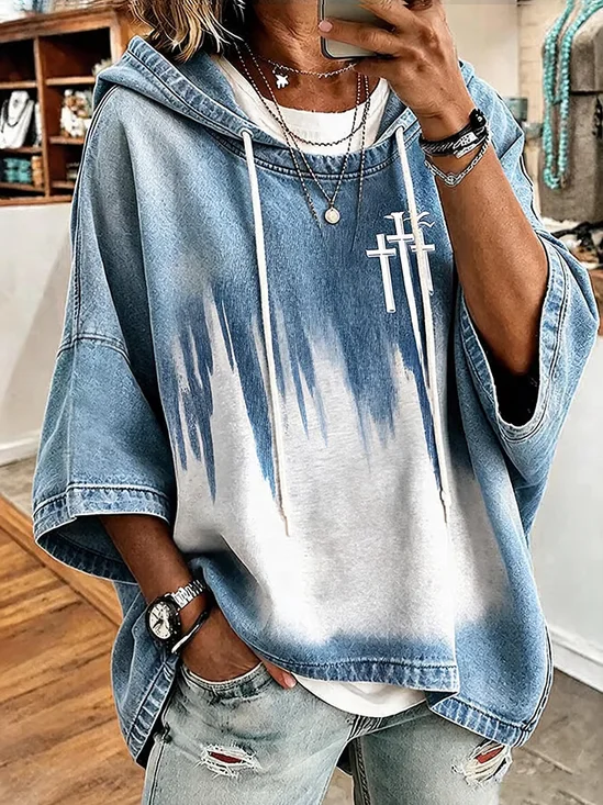 Printing Faux Denim Print Graphic Casual Hoodie
