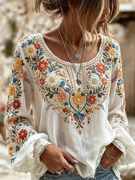 Women's Long Sleeve Blouse Spring/Fall White Floral Printing Crew Neck Daily Going Out Vintage Top
